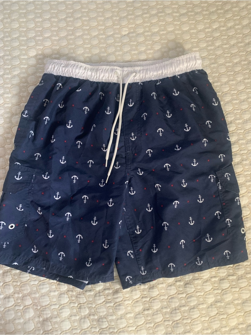 Rugby University Men's Navy Anchor Print Board Shorts with White Waistband